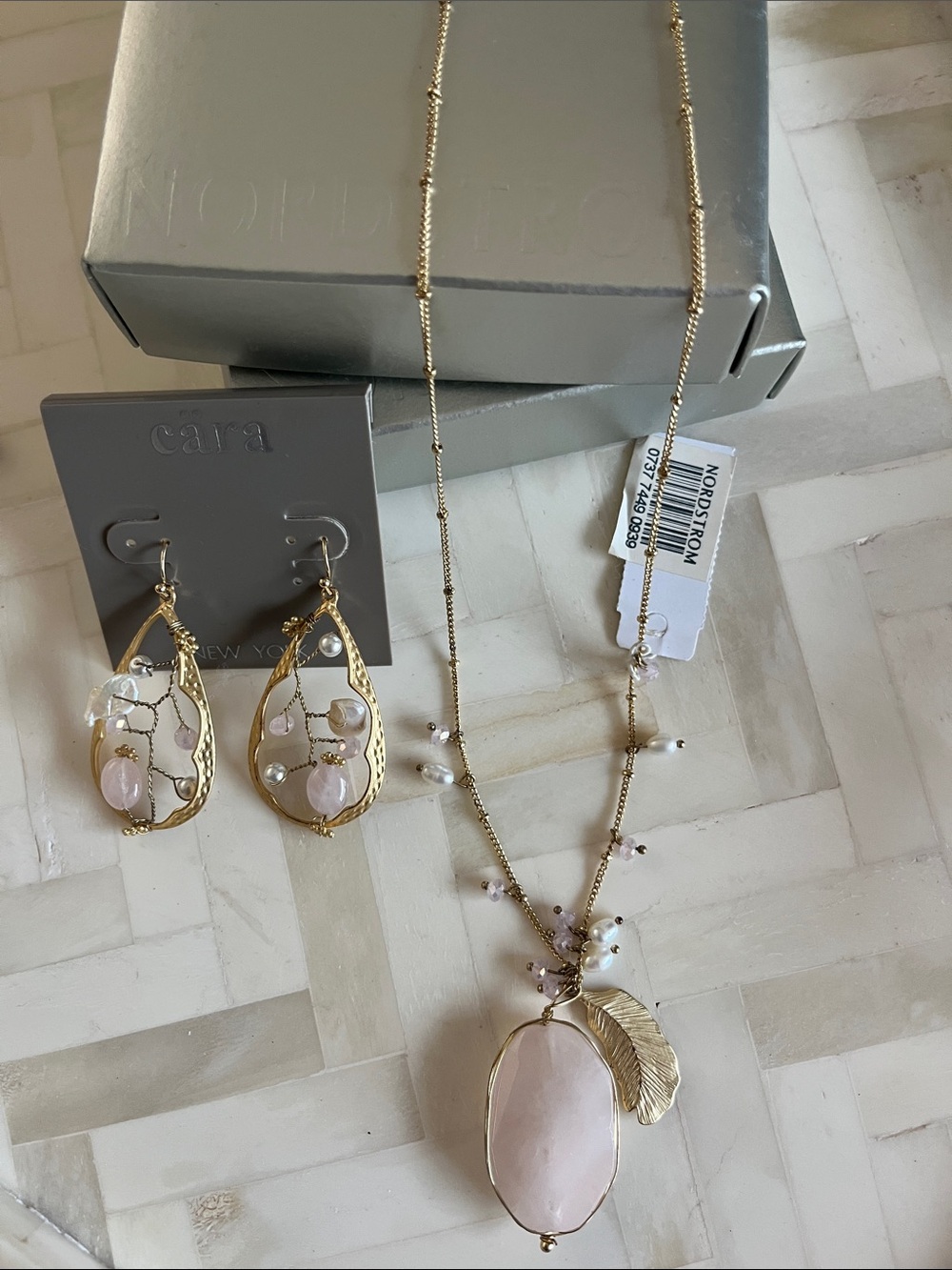 NWT Cara NY Gold-Tone Necklace and Drop Earring Set with Pale Pink &Pearl Stones
